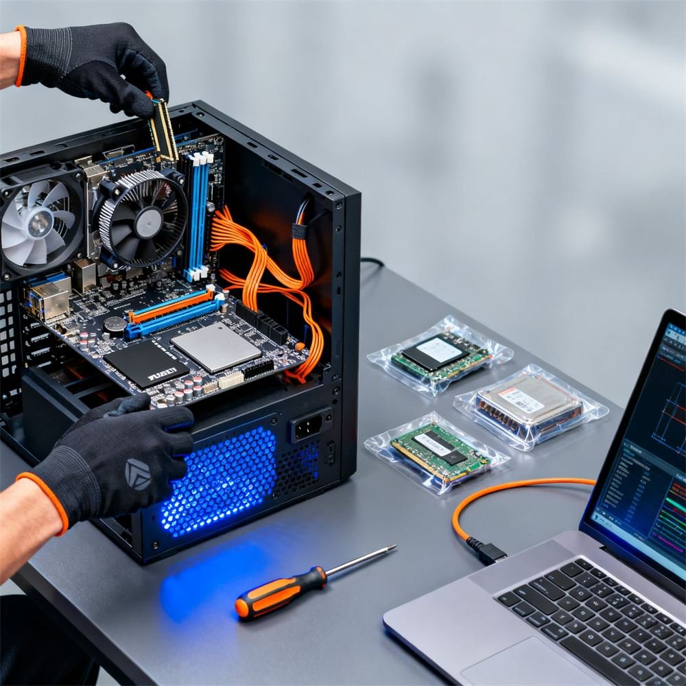 Montagem de computador na bancada da Fine Solutions, com memórias, SSD e placa-mãe sendo instalados