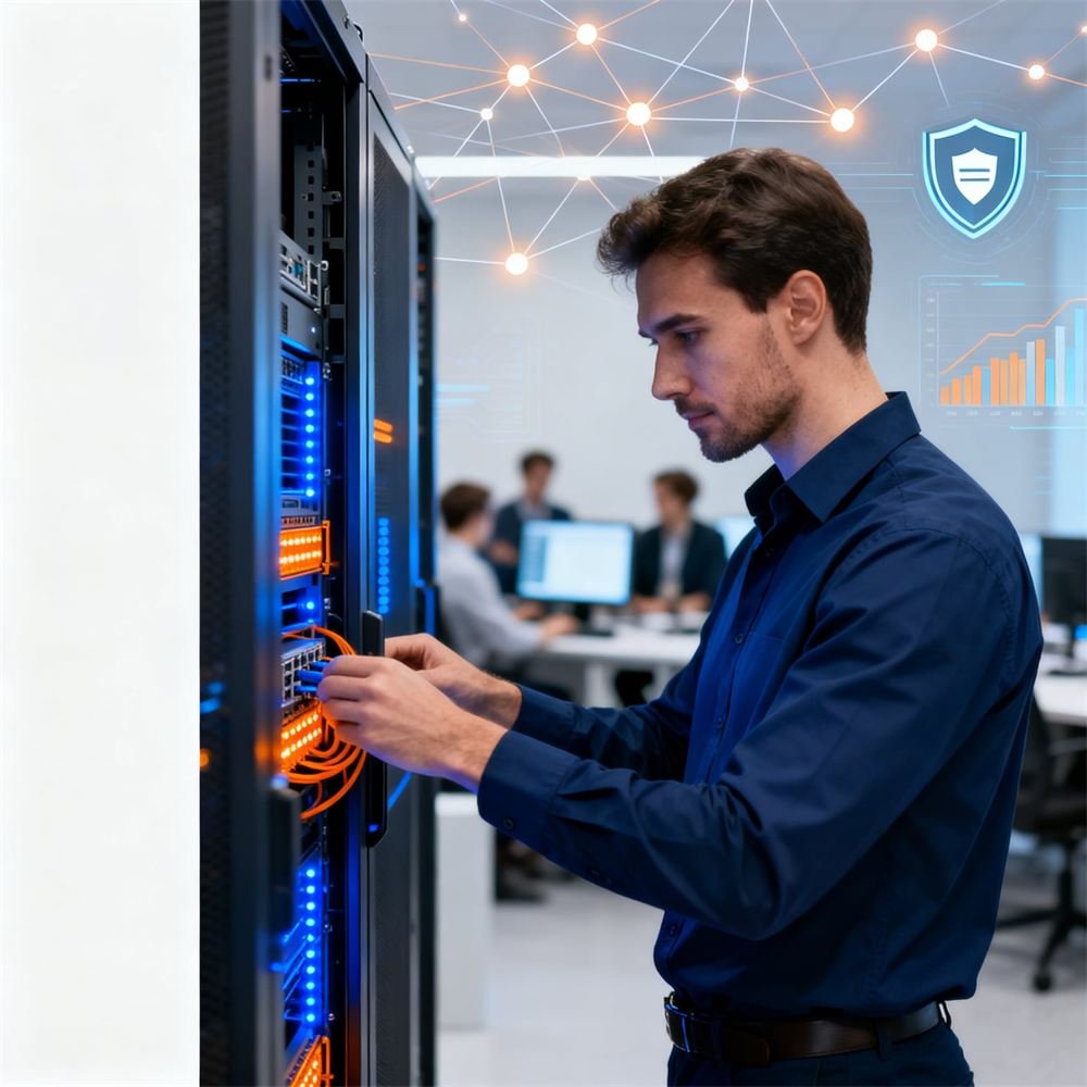 Técnico da Fine Solutions realizando manutenção em rack de servidores